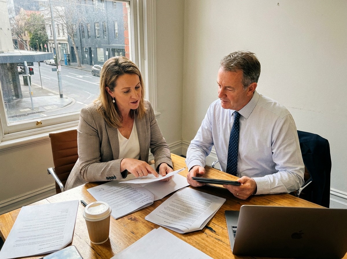A lawyer walking a buyer through an off-the-plan contract