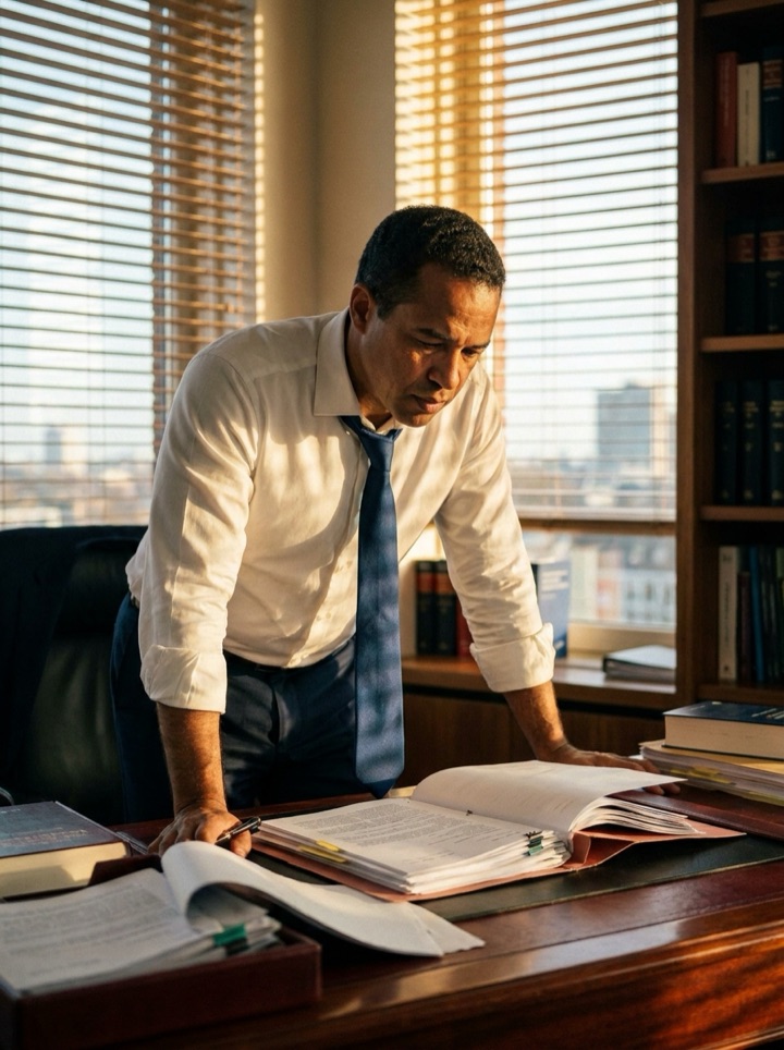Marcus Whitfield reviewing a contract at his desk